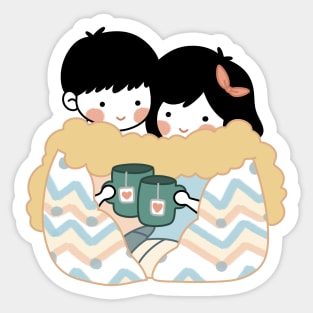 Cute “Cuddling Couple with Tea“ Design | Kawaii Handmade Illustration | By Atelier Serakara Sticker